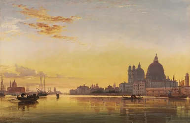 Sonnenuntergang in der Lagune von Venedig, Kirche von Isola di San Giorgio in Alga in der Ferne