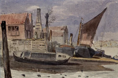 Battersea, das Flussufer mit Booten