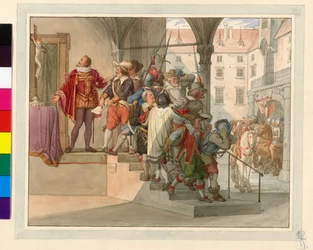 Eine Abordnung der österreichischen Protestanten steht vor Kaiser Ferdinand II. 1619 (Sturmpetition)