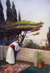 Eines Tages fiel sein Glas auf das Fenster der Prinzessin, während sie dort stickte