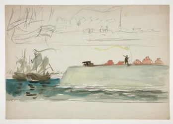 Boote auf See: Schlachtschiff im Vordergrund, Segelboot in der Ferne - (unidentifizierte Illustration)