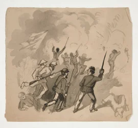 Bürgerkriegsschlachtenszene (recto); Unidentifizierte Illustration eines Mannes in einem Wald (verso)