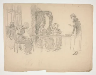 Frühe Studie für Stony Ground 1884, Innenraum mit Figuren