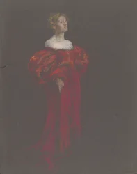 Weibliche Figur in Blau und Rosa