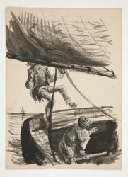 Mann wird vom Baum des Segelboots über Bord geworfen (recto); Unidentifizierte Illustration eines Jungen, der einem Mann die Schuhe putzt