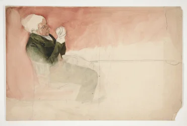 Mann sitzt und untersucht das Innere einer Schale - (unidentifizierte Illustration)