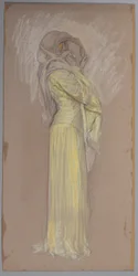 Studie, Frau im gelben Kleid mit braunem Schleier über dem Gesicht