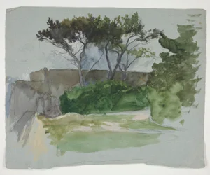 Studie einer Landschaft mit Bäumen und Steinmauer
