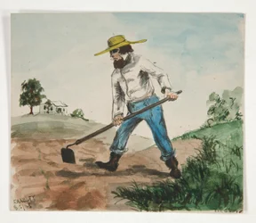 Unidentifizierte Illustration eines Mannes, der einen Garten hackt (recto); Drei Figurenstudien (verso)