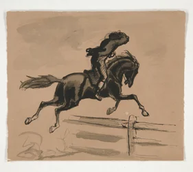 Unidentifizierte Illustration eines Reiters, der über einen Zaun springt (recto); Figurenstudie eines alten Mannes (verso)