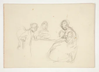 Unidentifizierte Illustration - Studie von Figuren an einem Tisch. Sitzender Mann auf der Rückseite.