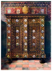 Walnuss-Kas mit eingelegten und bemalten Medaillons aus Delfter Ware, 1910