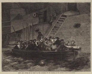 Schiffsboot wird nachts ausgerüstet, um die Fahrrinne des Dnepr auszuloten