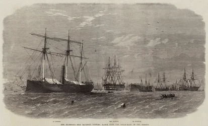 Ihr Majestäts Schiff Majestic hält Wache über die Dampframmen in der Mersey