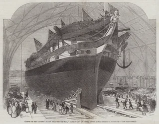 Stapellauf des Schraubendampfschiffs Ihrer Majestät, James Watt (90 Kanonen), in der königlichen Werft von Pembroke