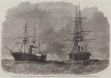 Die Beschlagnahme durch Kapitän Wilks vom Kriegsschiff San Jacinto der Vereinigten Staaten von Messers Slidell und Mason, konföderierte Kommissare, an Bord des britischen Postdampfers Trent