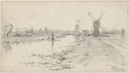Landschaft mit Fluss und zwei Mühlen
