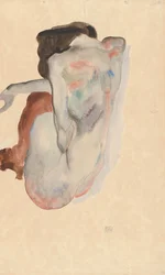 Kauernder Akt mit Schuhen und schwarzen Strümpfen, Rückenansicht, 1912