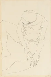 Weiblicher Akt, nach vorne gebeugt, beide Hände auf dem linken Oberschenkel, 1913