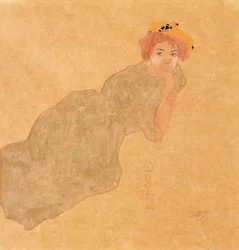 Mädchen im olivfarbenen Kleid mit aufgestütztem Arm