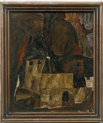 Haus und Mauer vor hügeligem Gelände