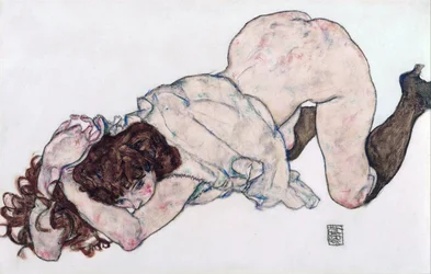 Kniendes Mädchen, auf beide Ellbogen gestützt, 1917, 28,7x44,3, Leopold Museum, Wien