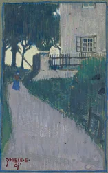 Landschaft mit Haus, Bäumen und weiblicher Figur