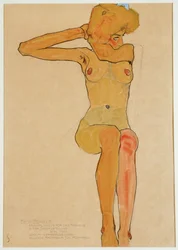 Sitzender weiblicher Akt mit erhobenem rechten Arm