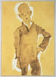 Stehender Junge, linke Hand auf der Hüfte