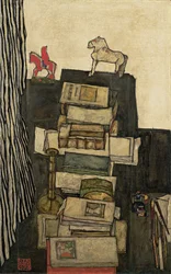 Stillleben mit Büchern auf Schieles Schreibtisch, 1914