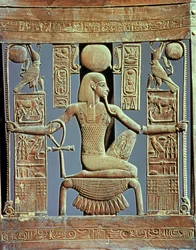Rückseite eines Stuhls aus dem Grab von Tutanchamun (ca. 1370-52 v. Chr.), das den Geist der Millionen Jahre darstellt, Neues Reich (Zedernholz)