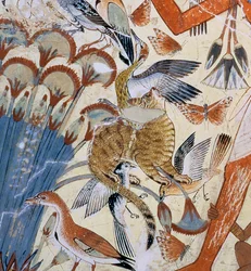 Detail einer Katze aus „Nebamun bei der Jagd im Sumpf mit seiner Frau und Tochter“, Teil eines Wandgemäldes aus der Grabkapelle des Nebamun, Theben, Neues Reich, ca. 1350 v. Chr.