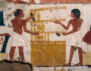 Ägypten, Luxor, West-Theben, Tal der Adligen. Grab von Nenamon und Ipuki. Fresko, das Zimmerleute bei der Arbeit darstellt. (Neues Reich, 18. Dynastie)