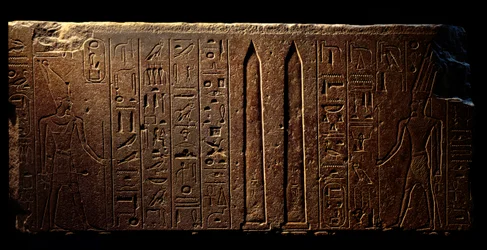 Ägyptische Antike: Detail eines gravierten Freskos, das Königin Hatschepsut (links) und zwei Obelisken im Tempel von Amun darstellt - Jahr 15 ihrer Herrschaft (1475-1468 v. Chr.) 18. Dynastie - Luxor, Ägyptisches Kunstmuseum