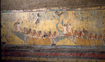 Ägyptische Antiquität: Fresko aus dem Grab des Malers Maia, Pilgerfahrt per Boot in Abydos, Zitat von Osiris. 18. Dynastie. Aus der Kapelle von Maia, Deir el-Medineh, Neues Reich