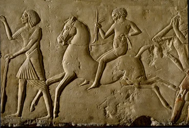 Ägyptische Antike: „Krieger zu Pferd“ Relief aus dem Grab eines hohen Würdenträgers. 1354-1346 v. Chr. 18. Dynastie. Bologna, Civico Museo Archeologico
