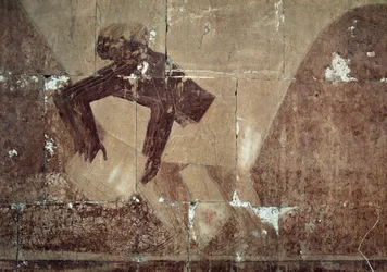 Nahrungsmittelaustausch, Detail der Szene, die die Expedition ins Land Punt darstellt, bemaltes Relief, Kolonnade von Punt, Totentempel der Hatschepsut, Deir el-Bahari, Thebanische Nekropole, Ägyptische Zivilisation, Neues Reich, Dynastie XVIII