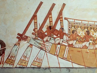 Pilgerreise der Verstorbenen nach Abydos, Wandmalerei, Grab von Menna, auch bekannt als Grab TT69, aus der Regierungszeit von Thutmosis IV, Scheich Abd el-Qurna, Theben