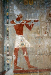 Szene mit Königin, die ein Opfer darbringt, Südostraum, Ostwand, Oberer Hof, Totentempel von Hatschepsut, Deir el-Bahari, Thebanische Nekropole (UNESCO-Welterbeliste)