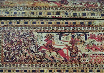 Tutanchamun auf seinem Streitwagen, wie er Afrikaner angreift, Detail von der Seite einer Truhe, Neues Reich, ca. 1340 v. Chr.