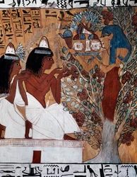 Göttin Isis, erscheint Sennedjem und seiner Frau im heiligen Sykomore, Grab von Sennedjem, auch bekannt als TT1-Grab, aus der Regierungszeit von Ramses II, Deir el-Medina, Thebanische Nekropole, Ägyptische Zivilisation, Neues Reich, Dynastie XIX