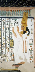 Nefertari vor der ersten Tür des Königreichs Osiris, die Arme in Anbetung erhoben (Fresko)