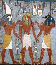 Ramses I. zwischen Horus und Anubis, Fresko, Grabkammer, Grab von Ramses I. (KV16), Tal der Könige, Theben