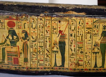 Detail der äußeren Sargbasis der Mumie von Nesyamun, möglicherweise gefunden in Deir El-Bahri, Neues Reich, ca. 1100 v. Chr. (bemaltes Holz)