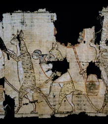 Papyrus, der eine satirische Szene darstellt, ca. 1100 v. Chr., aus der Regierungszeit von Ramses IX., Detail, Ägyptische Zivilisation, Neues Reich, Dynastie XX
