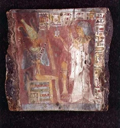 Innenraum des Sarkophags der Sängerin Toarnemiherti, der Verstorbene bietet Osiris auf dem Thron Weihrauch an, Dritte Zwischenzeit