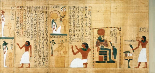 Mythologischer Papyrus von Imenemsauf, Oberster Träger von Amon. Detail: Weihrauch und Trankopfer zu Ehren von Ra-Harakhti