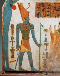 Stele der Dame Taperet, beidseitig bemalte Holzstele, Seite B: Taperet betet zum Gott Atum, der untergehenden Sonne, Dritte Zwischenzeit, XXII. Dynastie