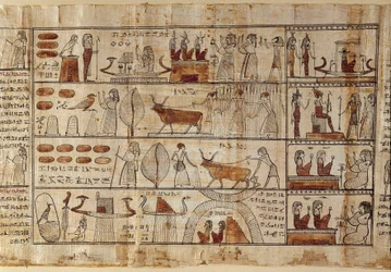 Ägyptische Antiquitäten: die Elysischen Felder. Malerei auf Papyrus aus dem Totenbuch. Ptolemäische Zeit. Ägyptisches Museum, Turin