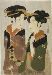 Kan, eine Kellnerin des Izutsuya, und die Geisha Fuseya des Ogiya